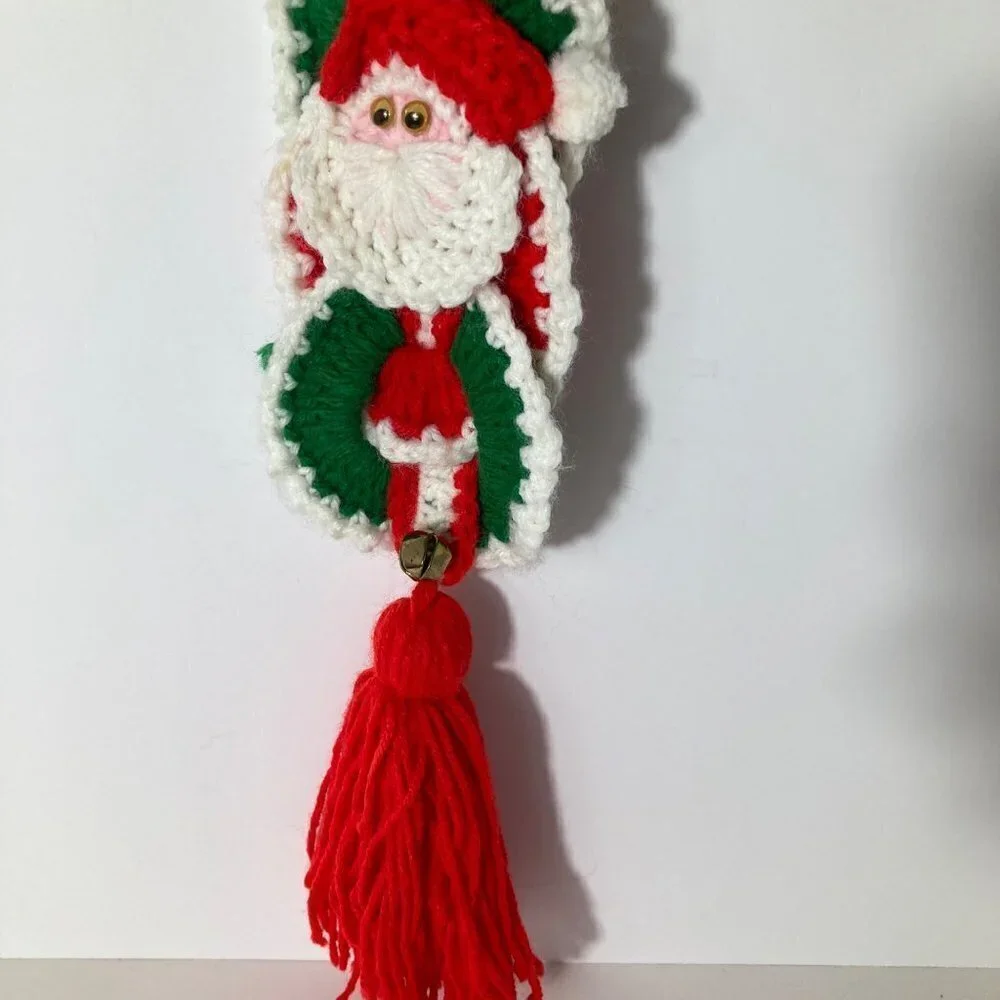 Vintage 60s Handmade Crocheted Santa Bell Wall Hanger Red‎ Green Tassle 4 x 31